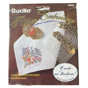 Bucilla Silk Ribbon Embroidery Kit English Countryside Handkerchief VTG NEW